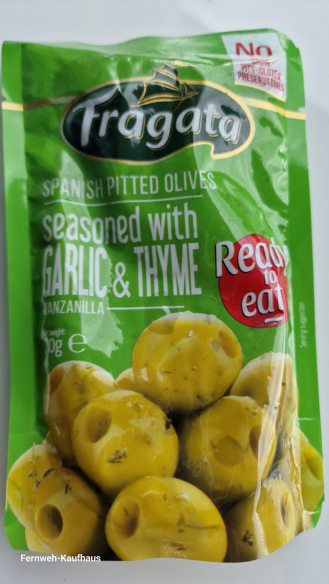 Fragata , grüne spanische Oliven ohne Stein, mit Knoblauch und Thymian