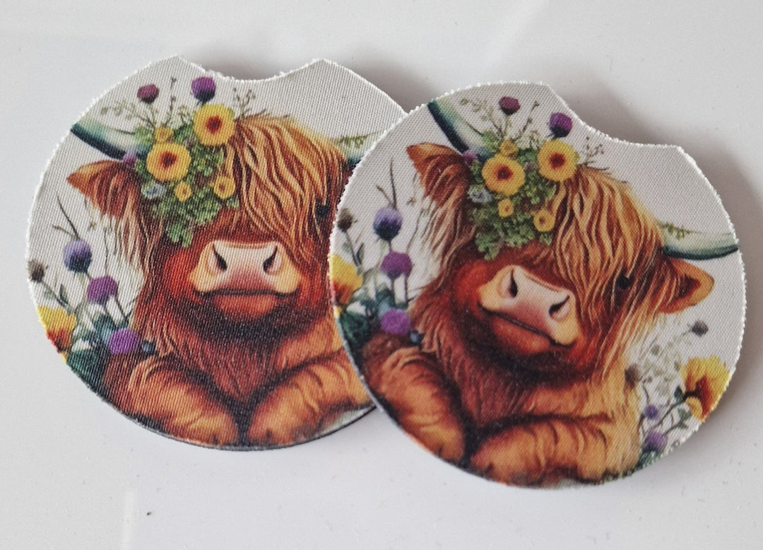 Einleger für KFZ-Getränkehalter , mit lustigem "Highland Cow mit Blumen"