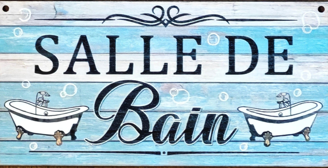 Schild, hellblau mit Aufschrift "Salle de Bain !" (Badezimmer)
