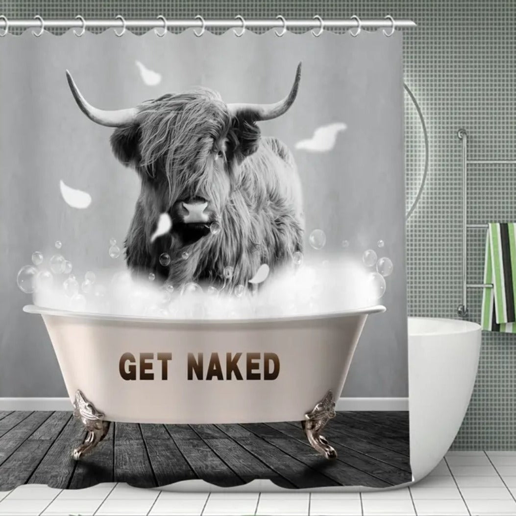 Duschvorhang , weiß mit lustigem "Highland Cow" - Motiv