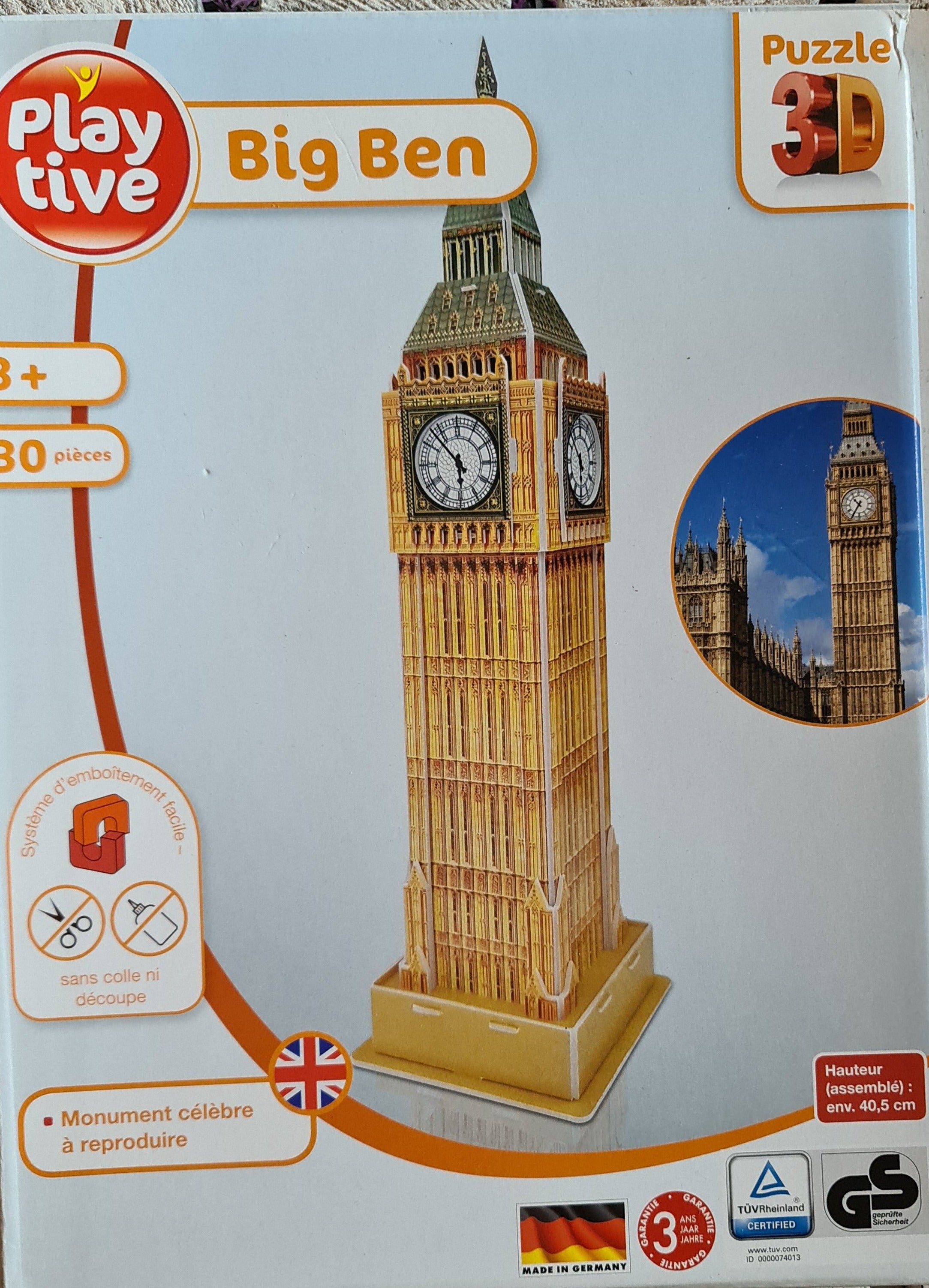 3 D Puzzle, Big Ben 30-teilig. Höhe aufgebaut 40,5 cm – British