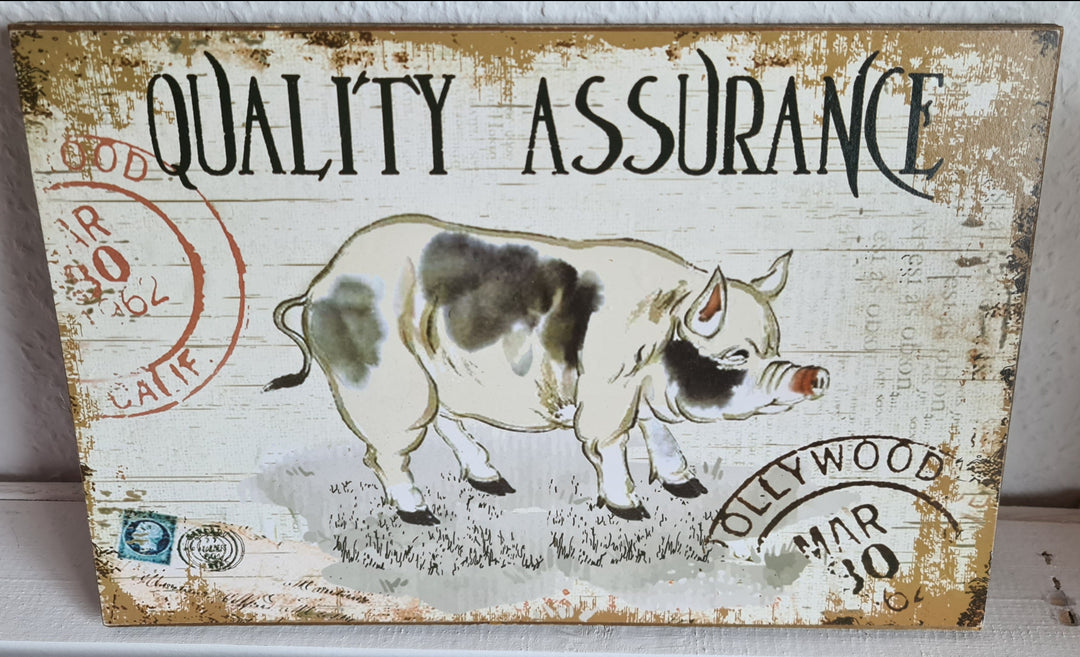Holzschild , Farm-Motiv " Quality assurance", ca. 30 cm x 20 cm - British Moments / Fernweh-Kaufhaus