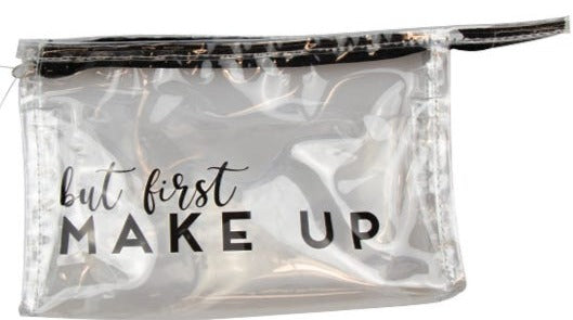 Make Up Tasche, durchsichtig mit "But First Make-up"-Slogan - British Moments