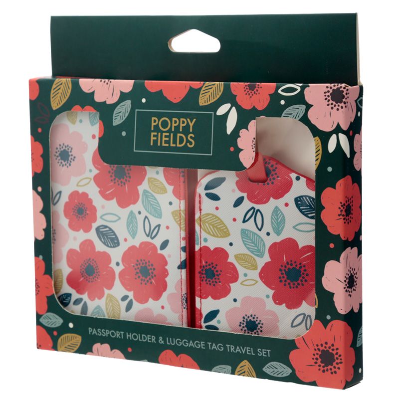 Set aus Gepäckanhänger und Reisepasshülle in fröhlichem Mohnblumen-Motiv
