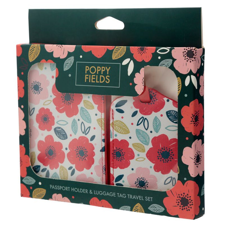 Set aus Gepäckanhänger und Reisepasshülle in fröhlichem Mohnblumen-Motiv