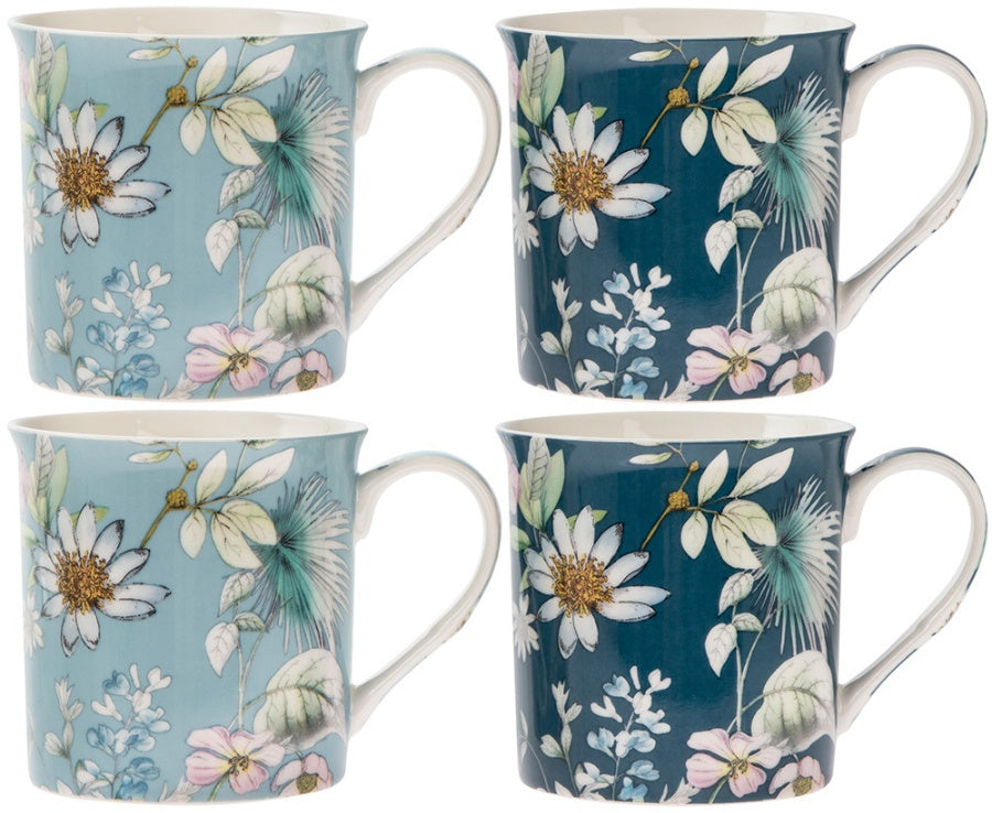 4er Tassen Set , hellblau/dunkelblau mit Blümchen Dekor "Daisy Meadow" - British Moments