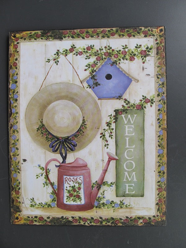 Wandschild, Blech mit süßer Gartenatmosphäre und Beschriftung "Welcome", ca .25 cm x 20 cm - British Moments