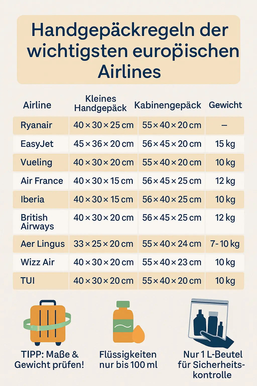 Tabelle_Handgepäcksregeln Airlines