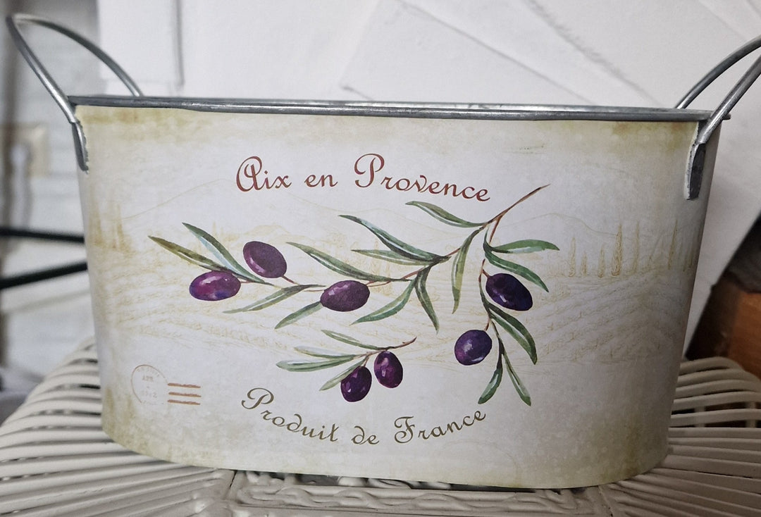 Blumenübertopf, Blech,  mit Beschriftung "Aix-en-provence - produit de france"