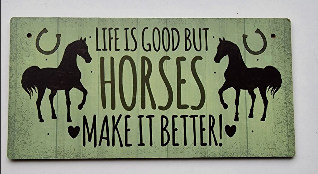 Gartenschild - Schild, grün mit Aufschrift "Life is good but Horses make it better !" Medium 1 von 1