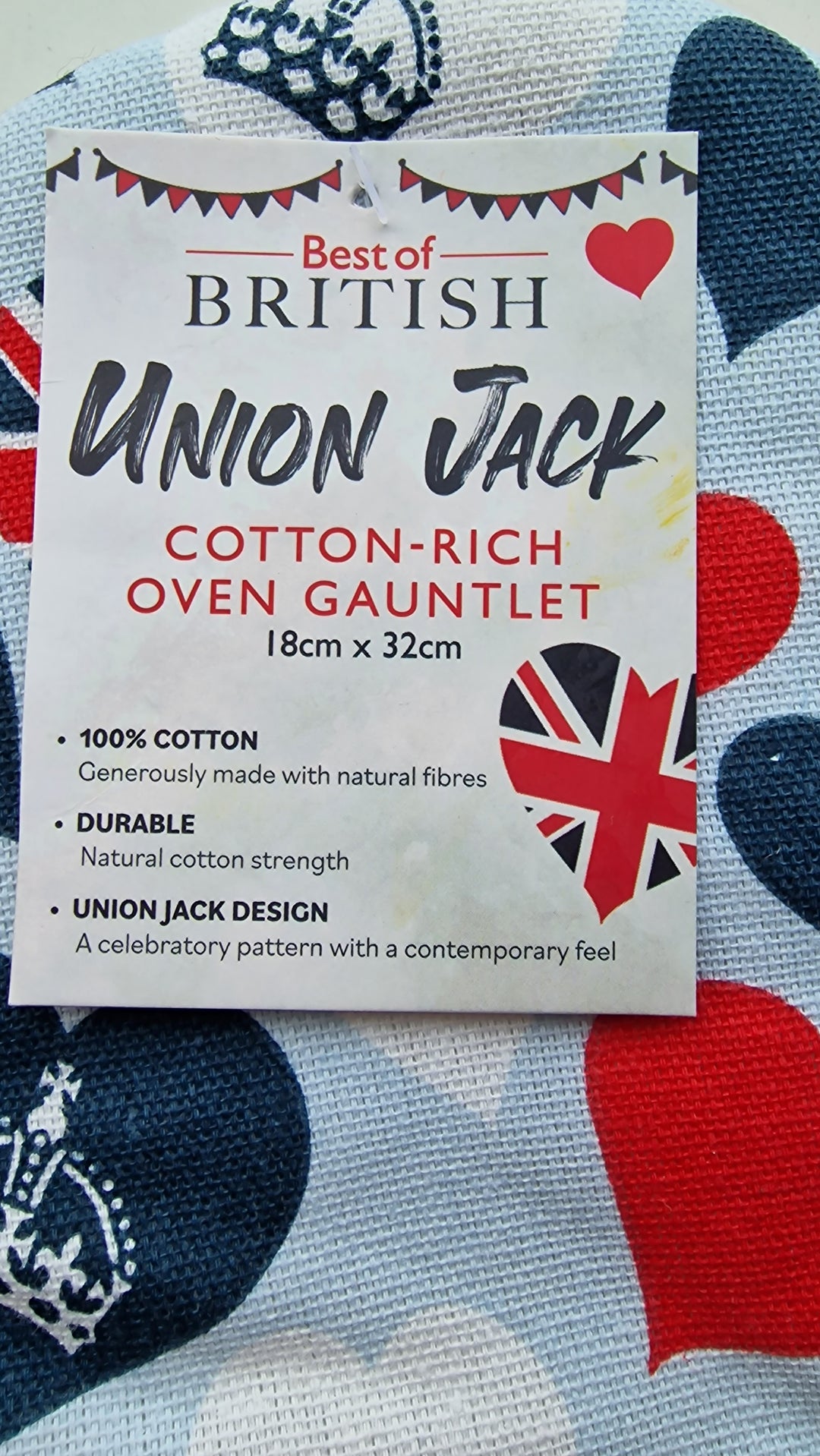 Ofen-Handschuh, Baumwolle " Union Jack"mit Krönchen und Herzen 