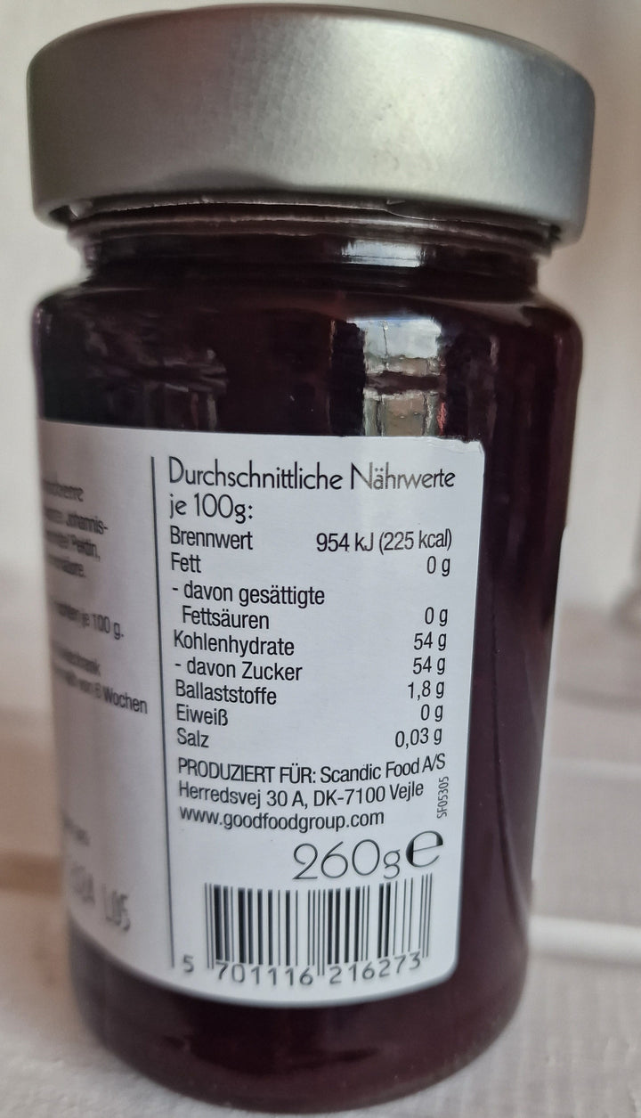 Skaelskor Frugtplantage , dänische Marmelade ,  schwarze Johannisbeere,  260 gr Glas