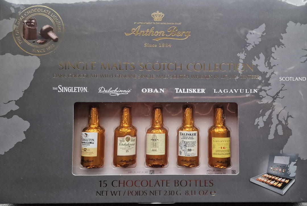 Anthon Berg Schokoladen-Flaschen" Single Malts Scotch Collection" 15 Flaschen, 230 gr