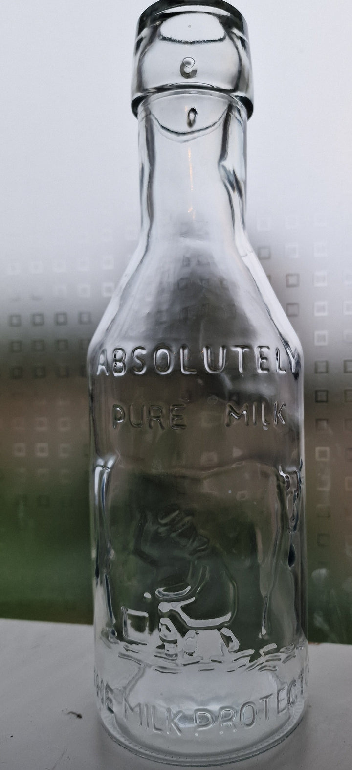 Glas-Milchflasche mit geprägtem Kuh-Motiv und Beschriftung " Absolutely Pure Milk"