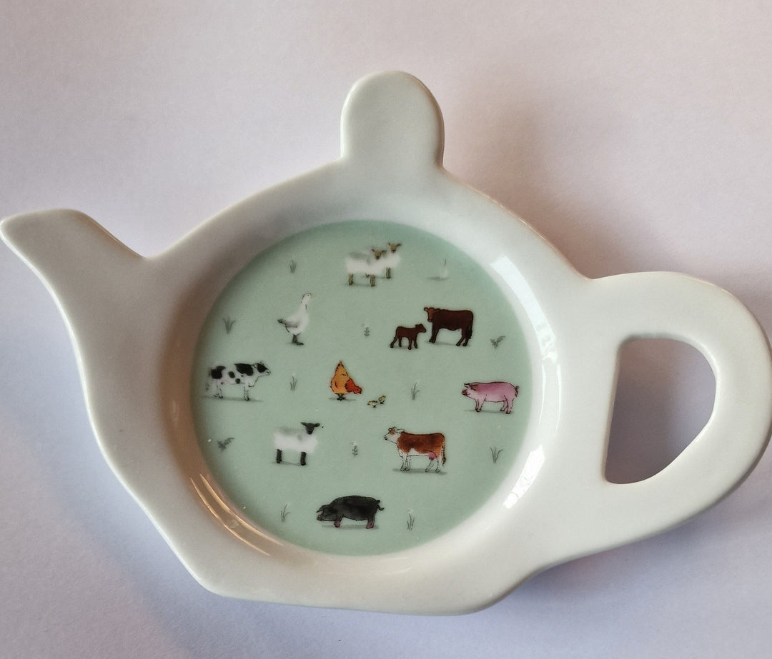 Porzellan Teebeutel Ablage -Teller in Form einer Teekanne "Willow Farm Tiere