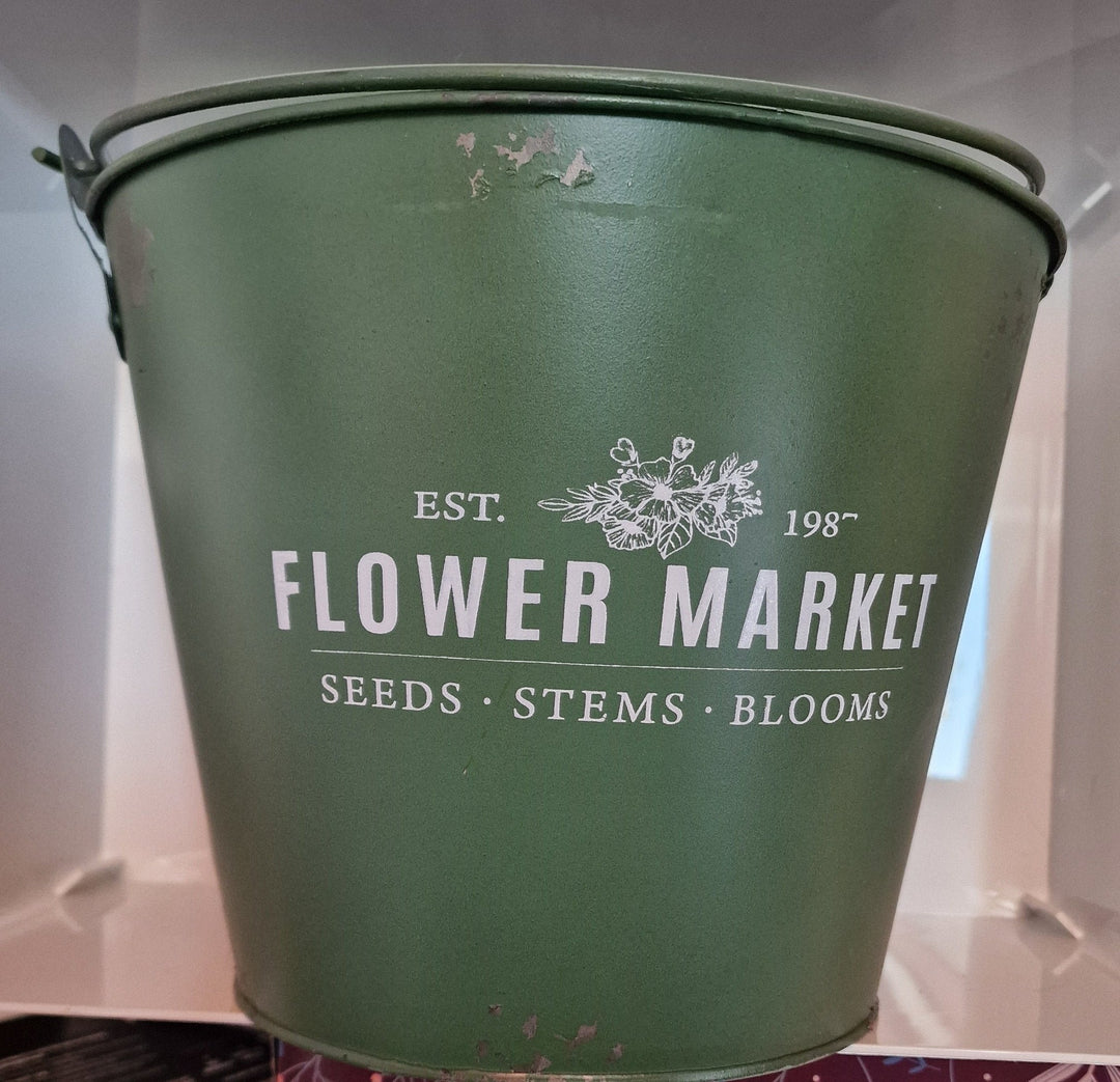 Pflanz-Eimer mit Henkel, Zink, "shabby", grün, mit Beschriftung "Flower Market "