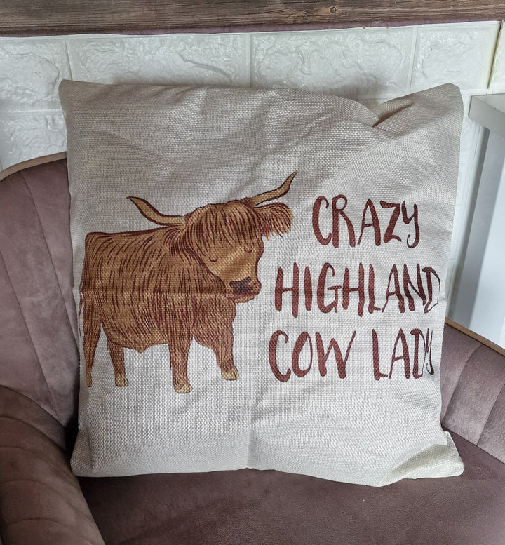 Dekokissen  / Zierkissen " Crazy Highland Cow Lady" , Linen, cremeweiß