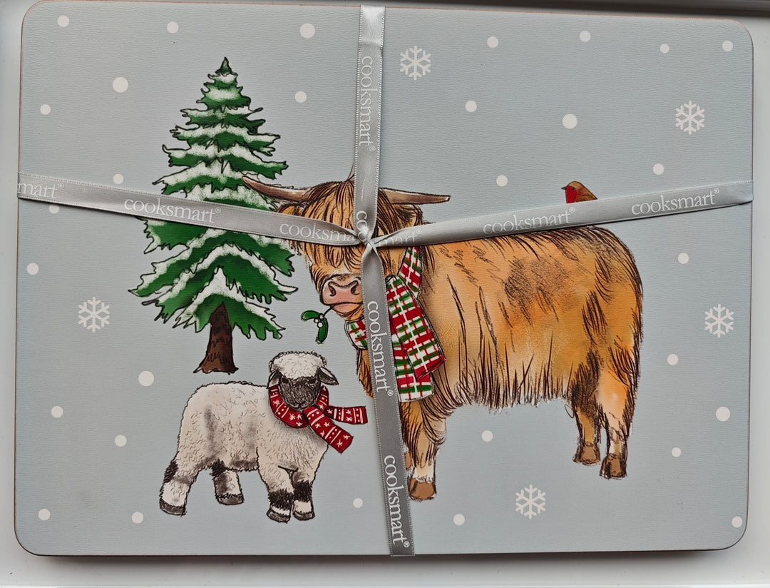 4-teiliges Set Platz-Sets   mit süßem Highland Cow / Schaf-Motiv