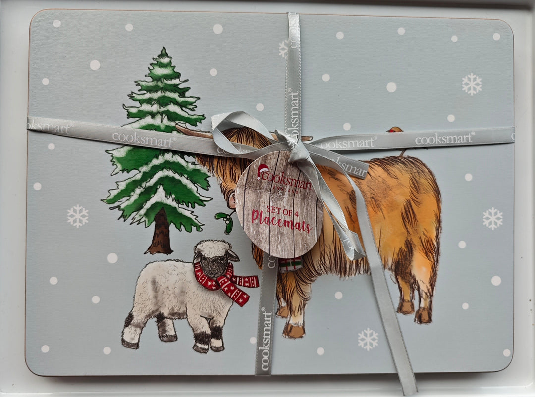 4-teiliges Set Platz-Sets   mit süßem Highland Cow / Schaf-Motiv