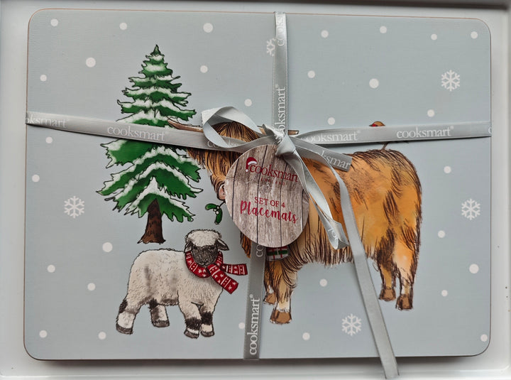 4-teiliges Set Platz-Sets   mit süßem Highland Cow / Schaf-Motiv
