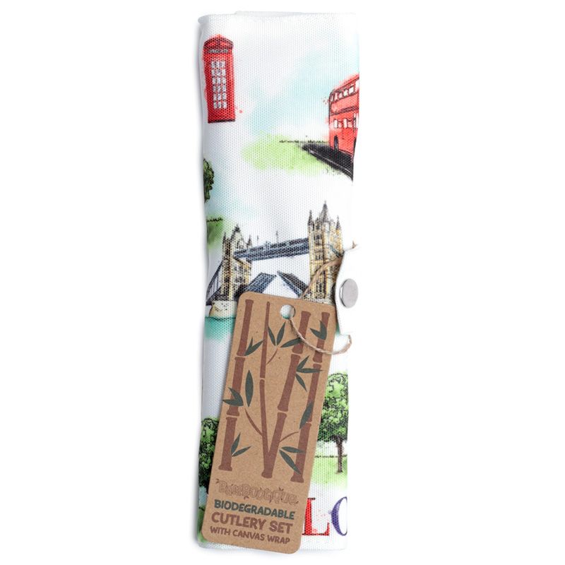 London  6-er Besteck Set aus 100% Bambus im Segeltuch-Halter
