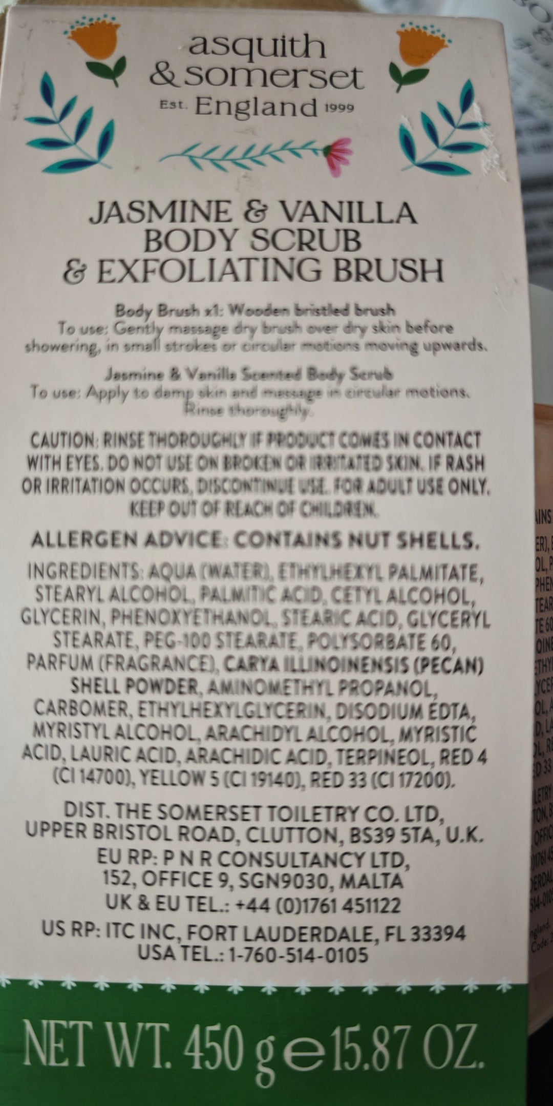 Asquith & Somerset Body Scrub (Körper-Peeling) mit Bürste. "Jasmine & Vanilla", Inhaltsstoffe