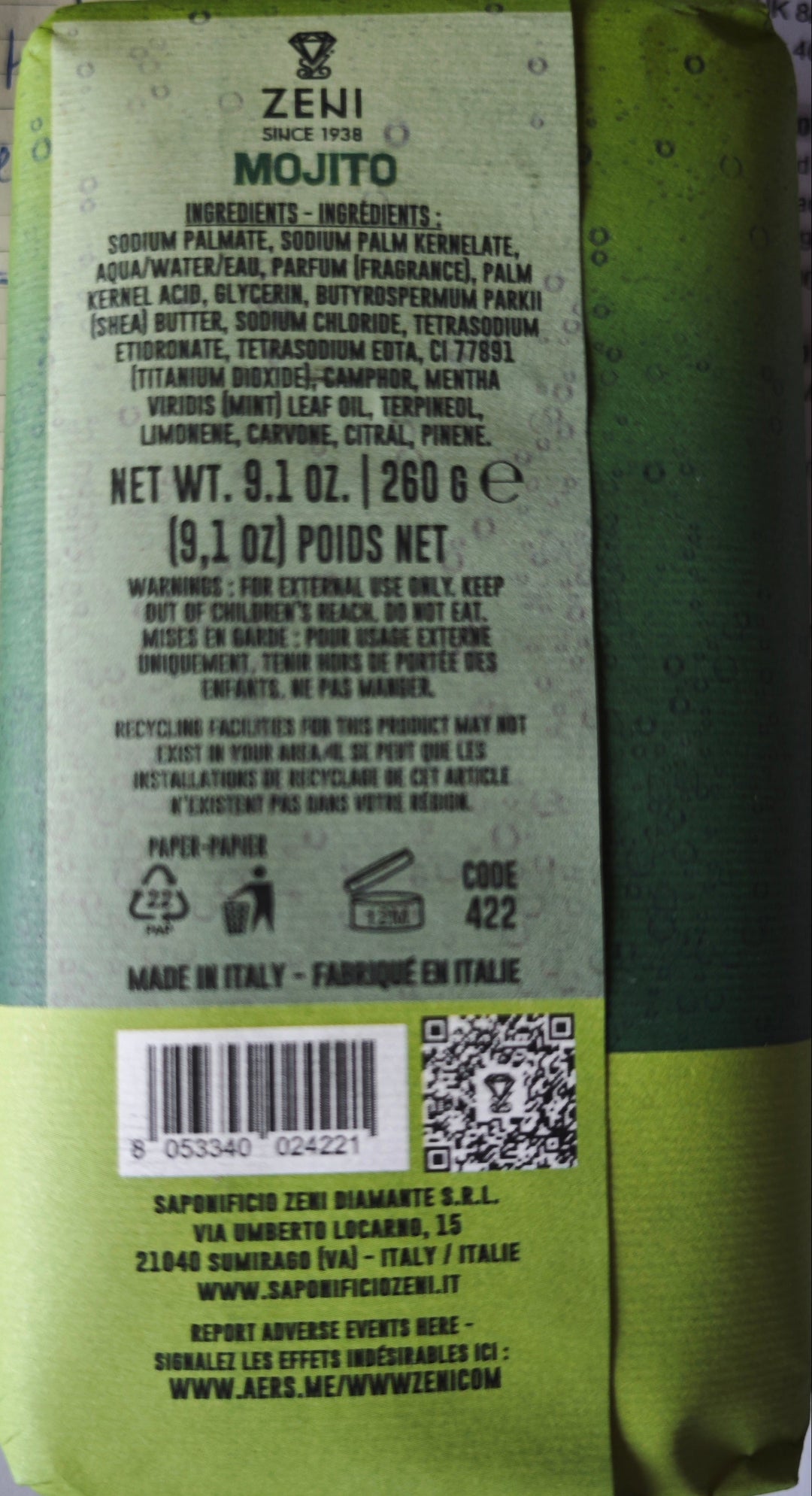 Zeni Seifenserie "Cocktails" , 260 gr. Seifenstück "Mojito", Inhaltsstoffe