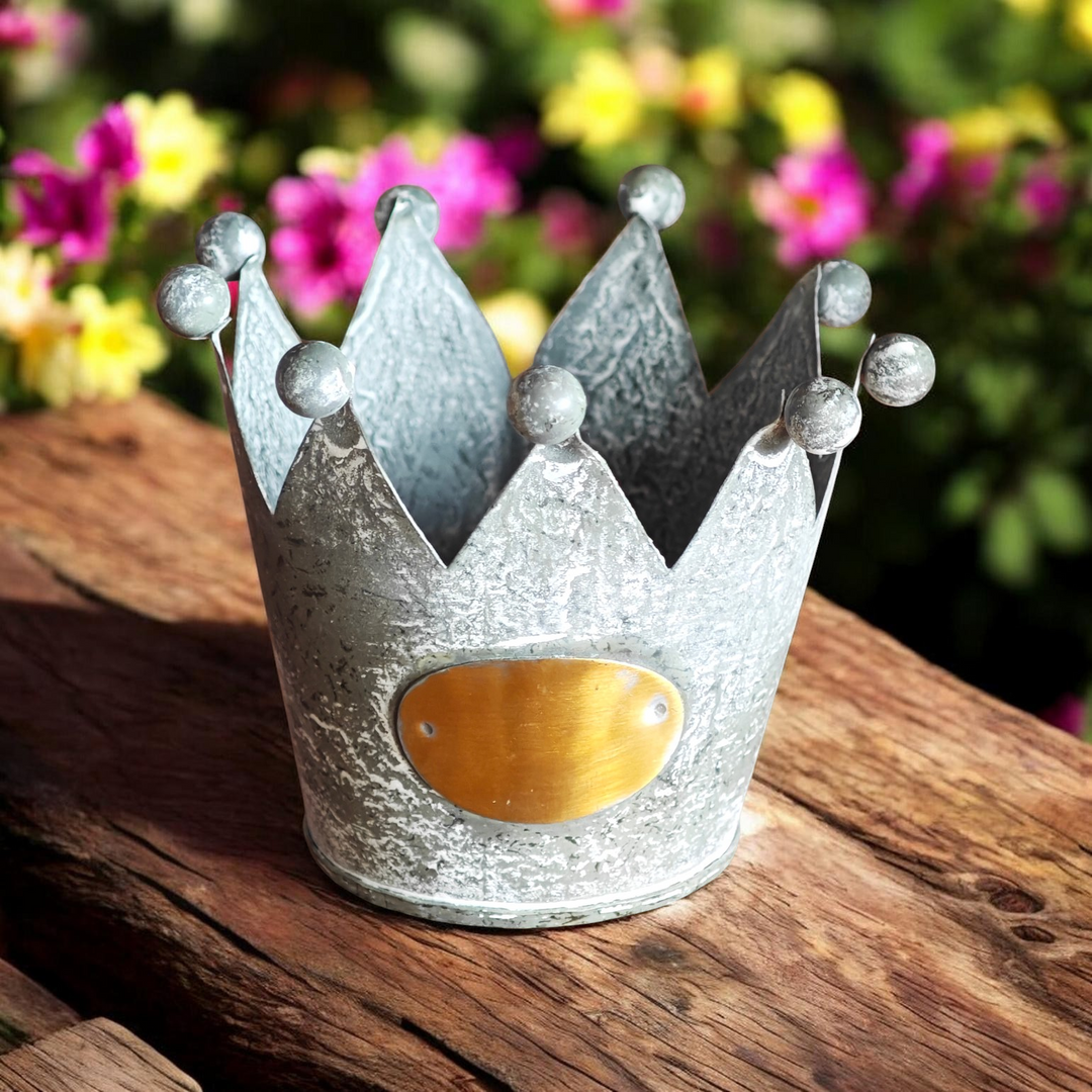 Mini-Pflanz-Töpfchen in Form einer Krone,
grau , mit goldfarbiger Plakette