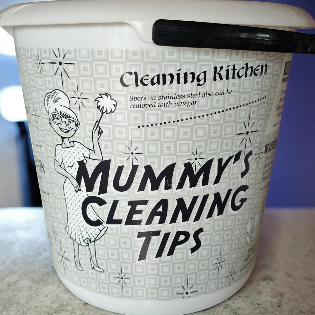 Eimer,  Kunststoff, weiß 10 l mit lustiger Beschriftung "Mummy's cleaning Tips "