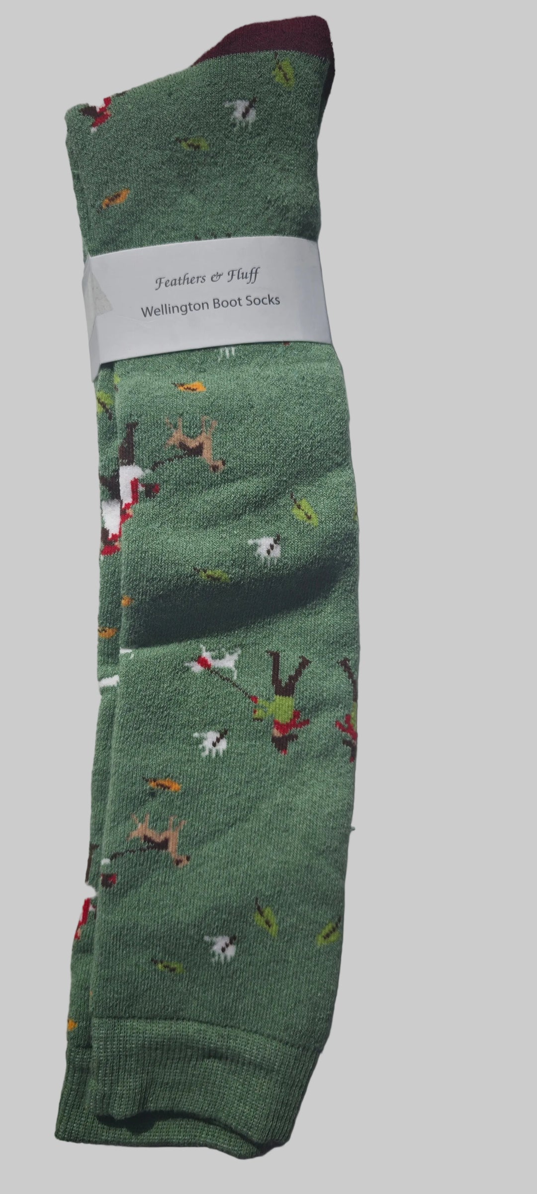 Damensocken für Gummistiefel , grün mit lustigen Hundemotiven. Gr. 37-42
