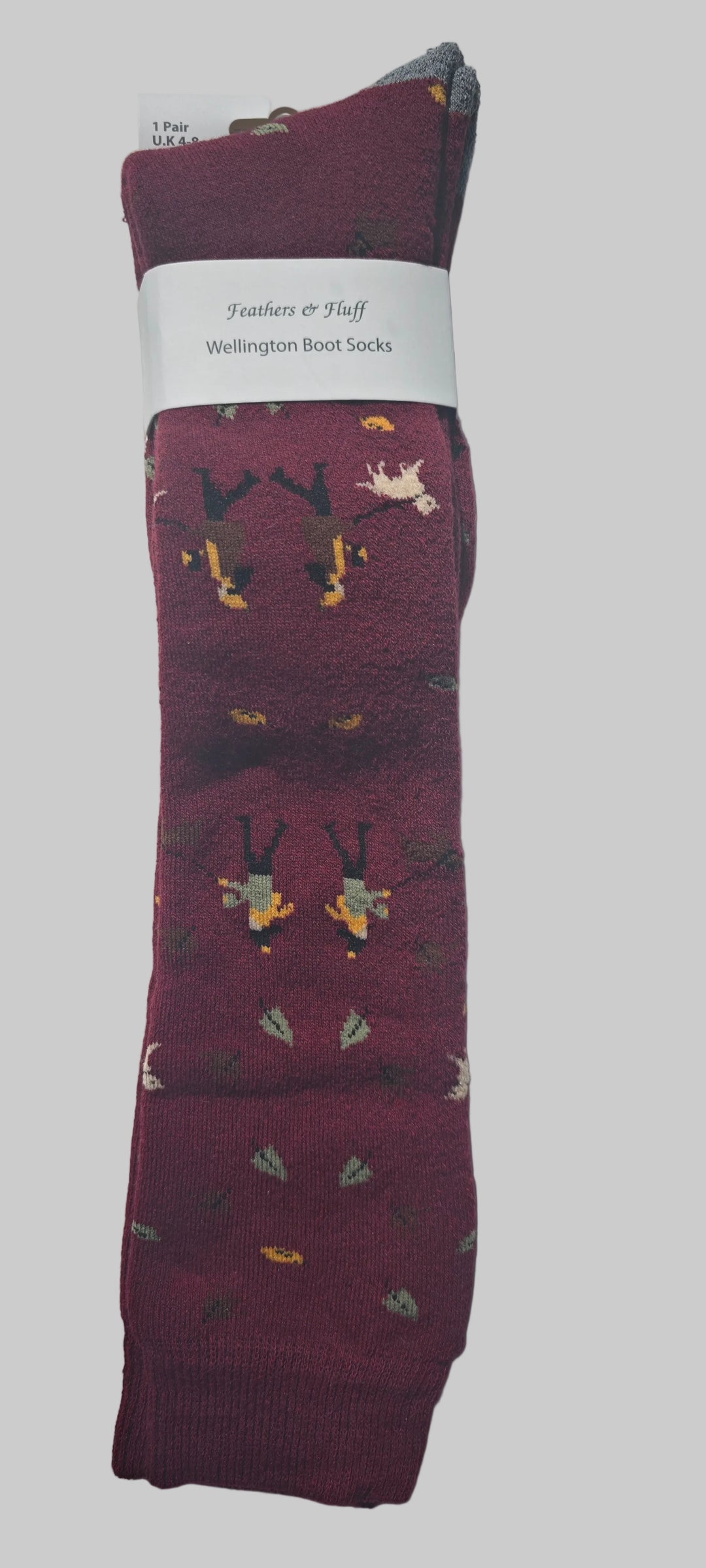 Damensocken für Gummistiefel , dunkelrot mit lustigen Hundemotiven. Gr. 37-42