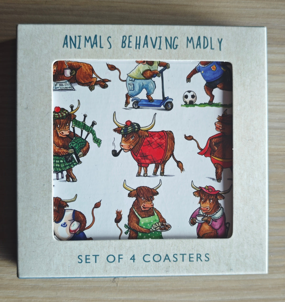 Untersetzer mit lustigen Highlands Cow Motiven  , 4er Set "Animals Behaving Madly"