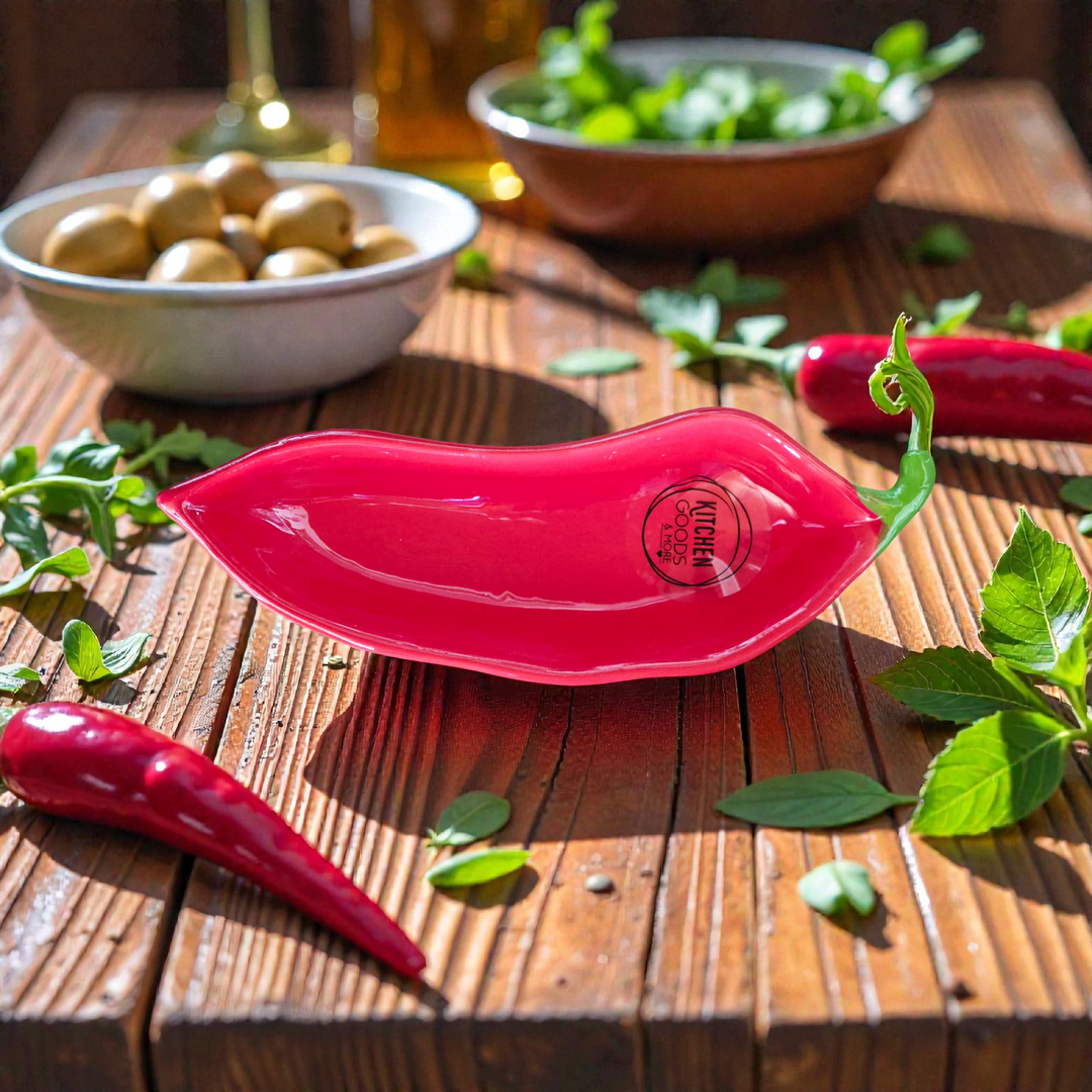 Tapas/Antipasti Schale in Form einer Paprikaschote, rot. Dekorationsvorschlag
