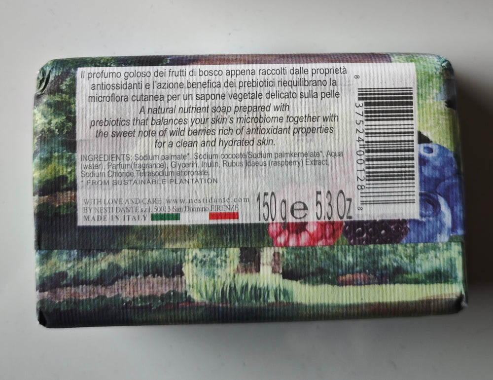 Nesti Dante , 150 gr. Seifenstück
"Le Deliziose", Frutti di Bosco (Waldfrüchte)/Rückansicht