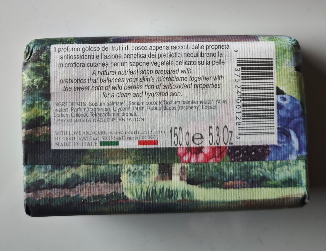 Nesti Dante , 150 gr. Seifenstück
"Le Deliziose", Frutti di Bosco (Waldfrüchte)/Rückansicht
