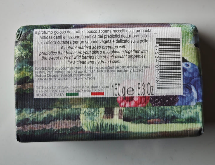 Nesti Dante , 150 gr. Seifenstück
"Le Deliziose", Frutti di Bosco (Waldfrüchte)/Rückansicht
