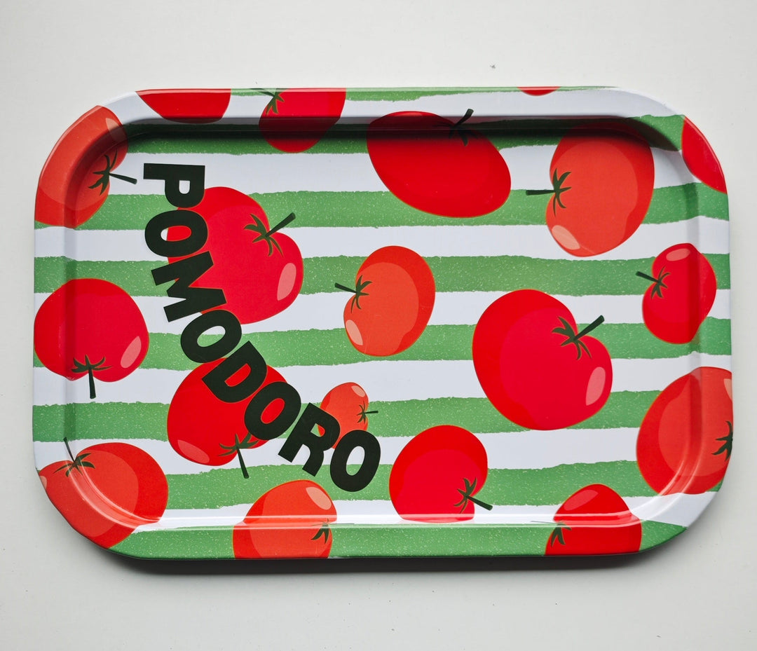 Tablett , Blech
"Pomodoro" (Tomate)
grün/weiß gestreift mit Tomaten-Motiv