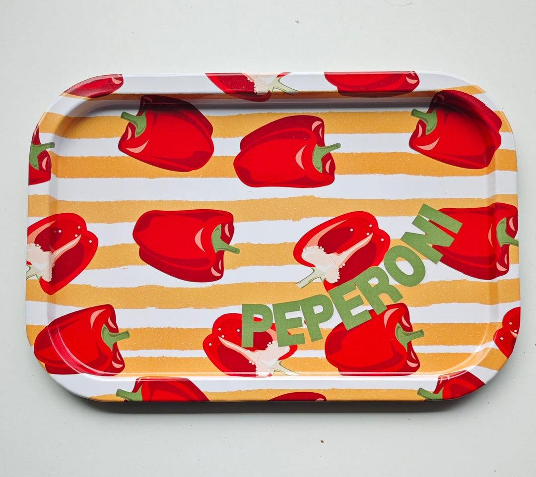 Tablett , Blech
"Peperoni", orange/weiß gestreift mit Paprika-Motiv