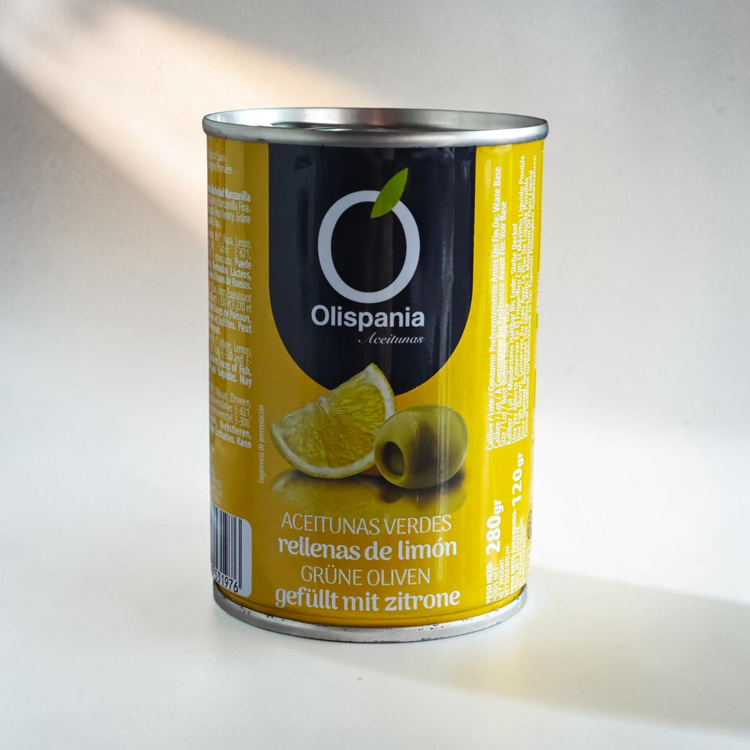 Olispania , grüne spanische Oliven ohne Stein, mit Zitrone und Olivenöl, 280 gr. Dose