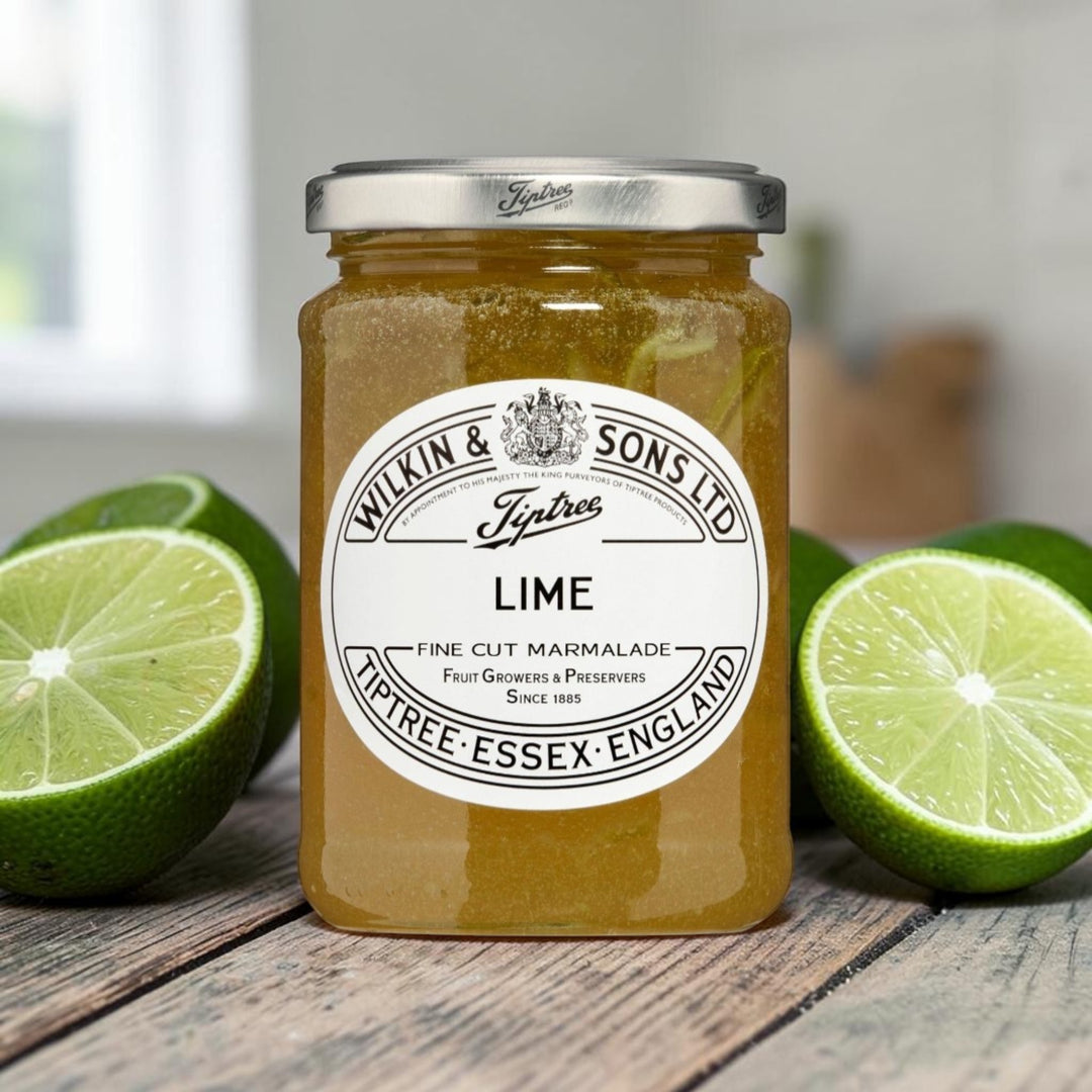 Wilkin & Sons, Tiptree,  Lime  (Limette ) Marmelade, 340 gr Glas KI Info : Bild Original, Hintergrund KI generiert