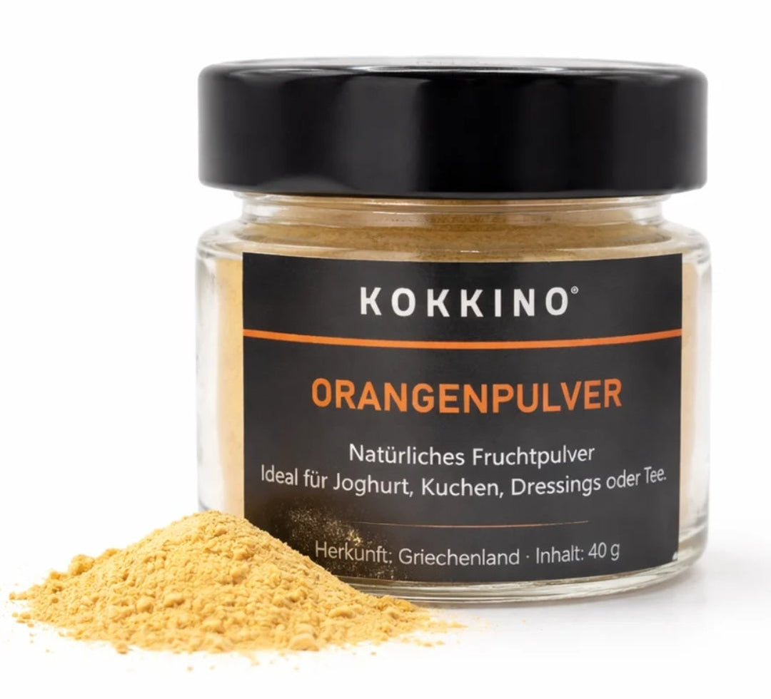 KOKKINO Orangenpulver
aus griechischen Orangen vom Peloponnes
40 gr. Glas KI INFO