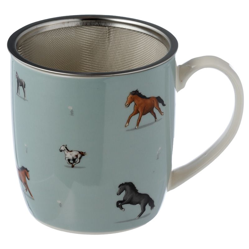 Tasse aus Porzellan mit Teeei und Deckel mit liebevollen Pferdemotiven gestaltet.