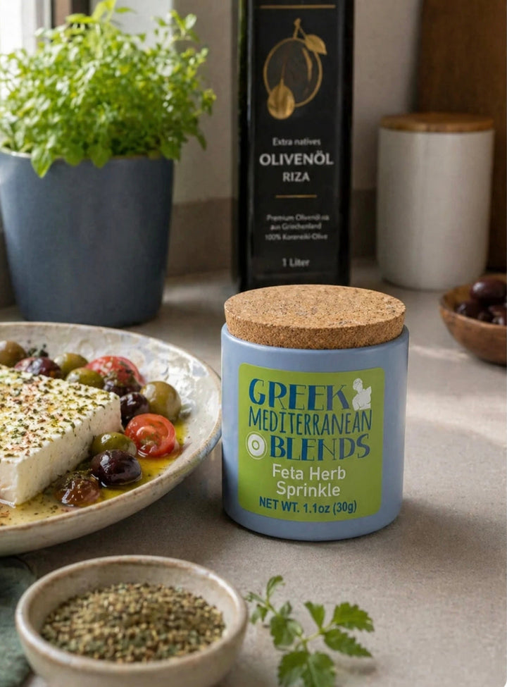 Gewürzmischung für Feta in hübschem Keramiktöpfchen. KI INFO