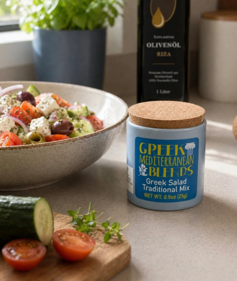 Gewürzmischung für griechischen Salat in hübschem Keramiktöpfchen
