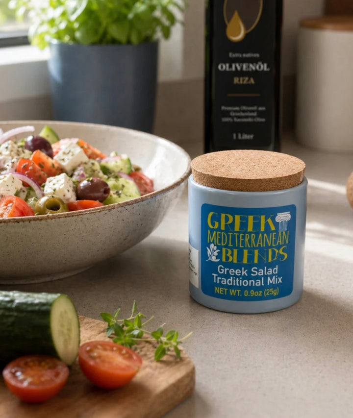 Gewürzmischung für griechischen Salat in hübschem Keramiktöpfchen