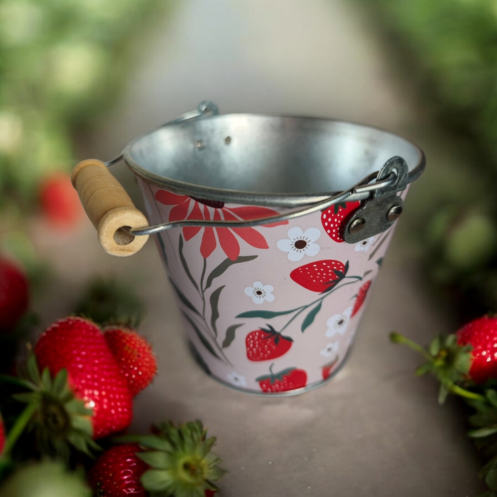 Blech-Pflanztöpfchen mit Henkel und Holzgriff  , "Strawberries"