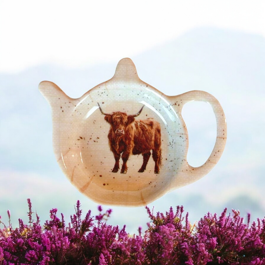 Teebeutelablage, Kunststoff, mit Motiv "Highland Cow" , beige