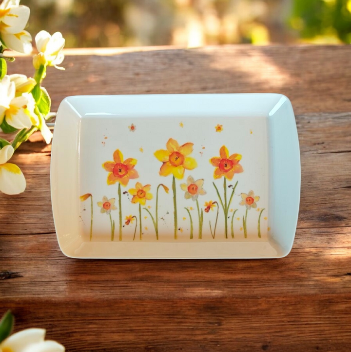 Mini Tablett, weiß  mit Blümchen Dekor  "Daffodils"  ca. 23 cm  x 15,5cm