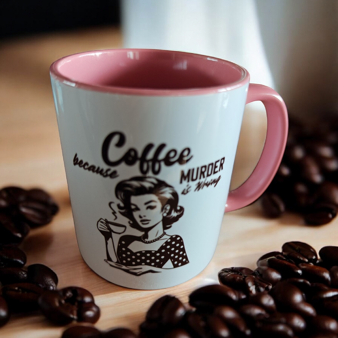 Keramik-Tasse mit lustiger Beschriftung "Coffee because murder is wrong"