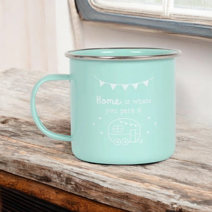 Becher, Emaille  "Home is where you park it"